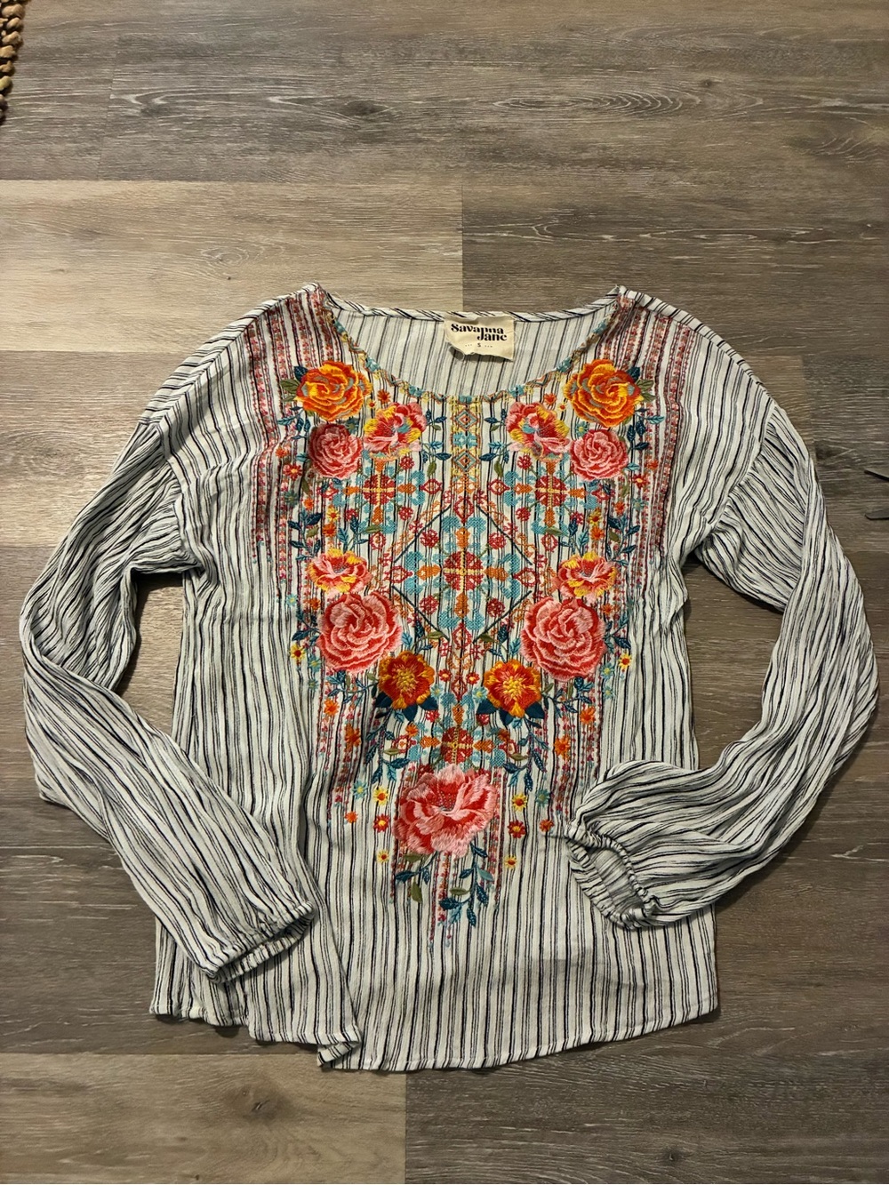 Savanna Jane Women's Striped Embroidered Long-Sleeve Top - Floral